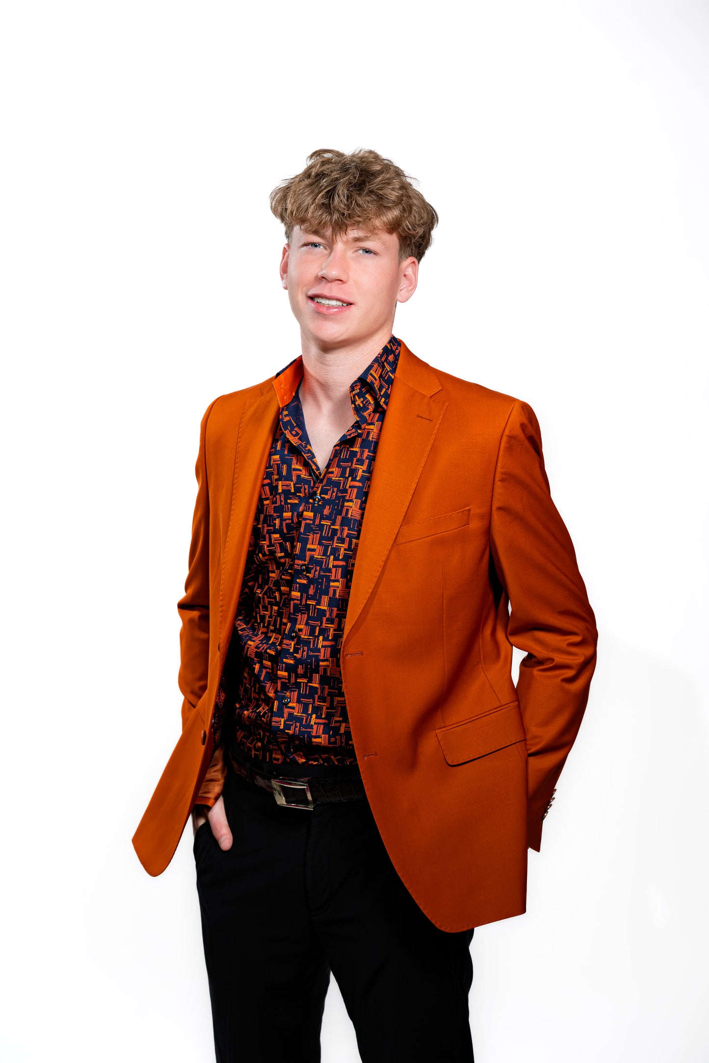 Men’s Navy & Orange Geometric Print Party Shirt