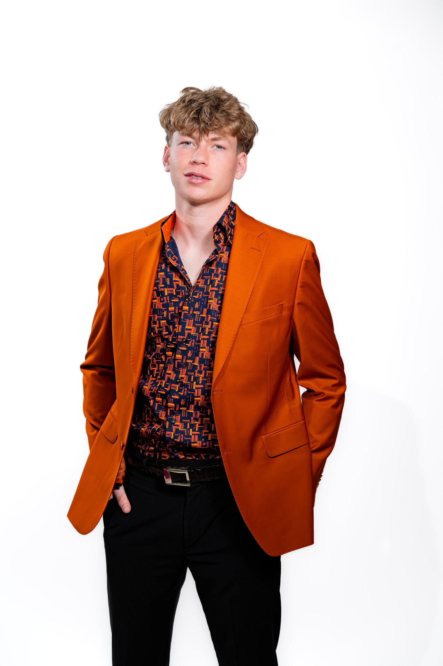 Men’s Navy & Orange Geometric Print Party Shirt