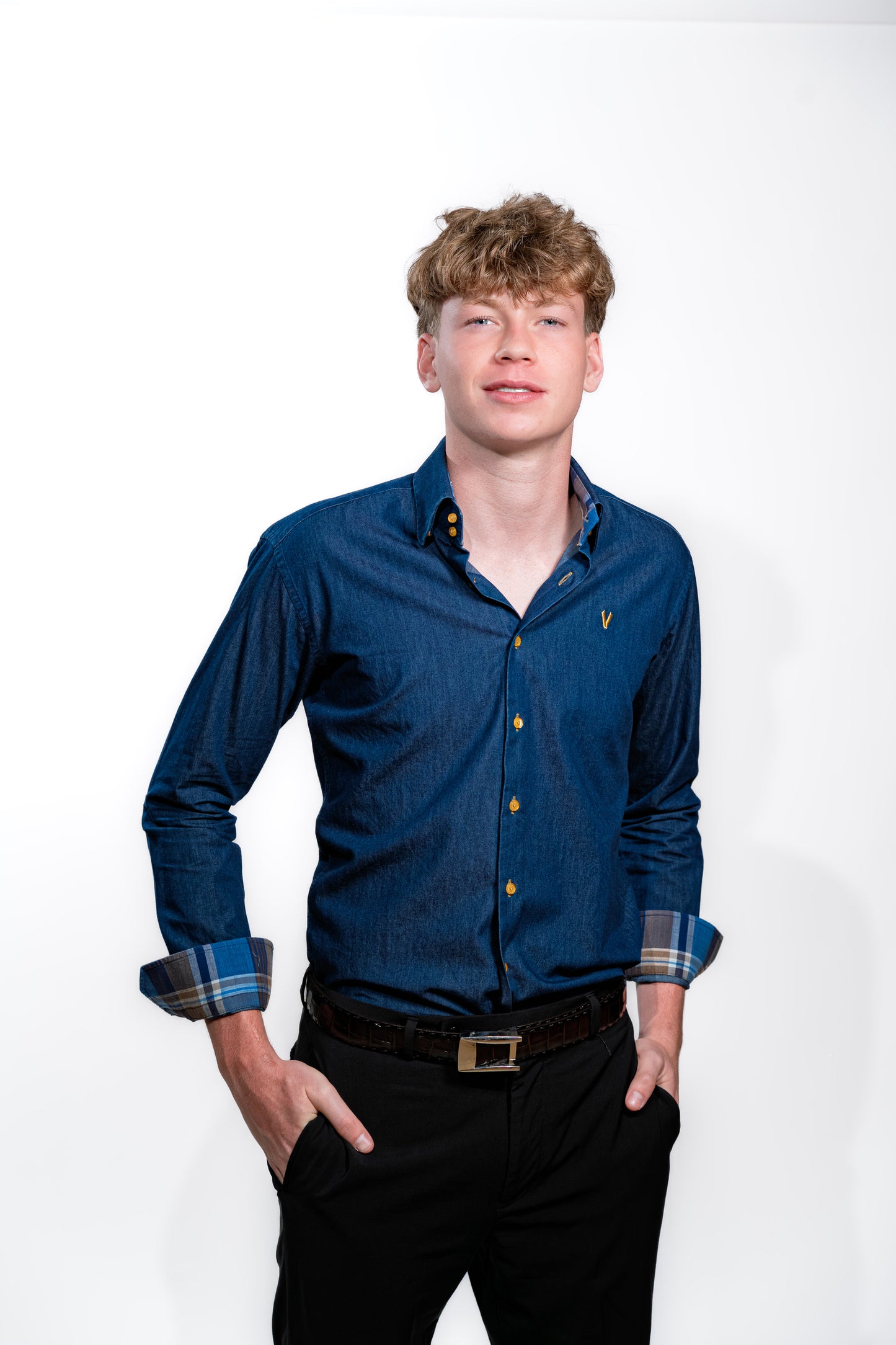 Valnti Navy Smart Shirt with Checkered Collar and Cuffs