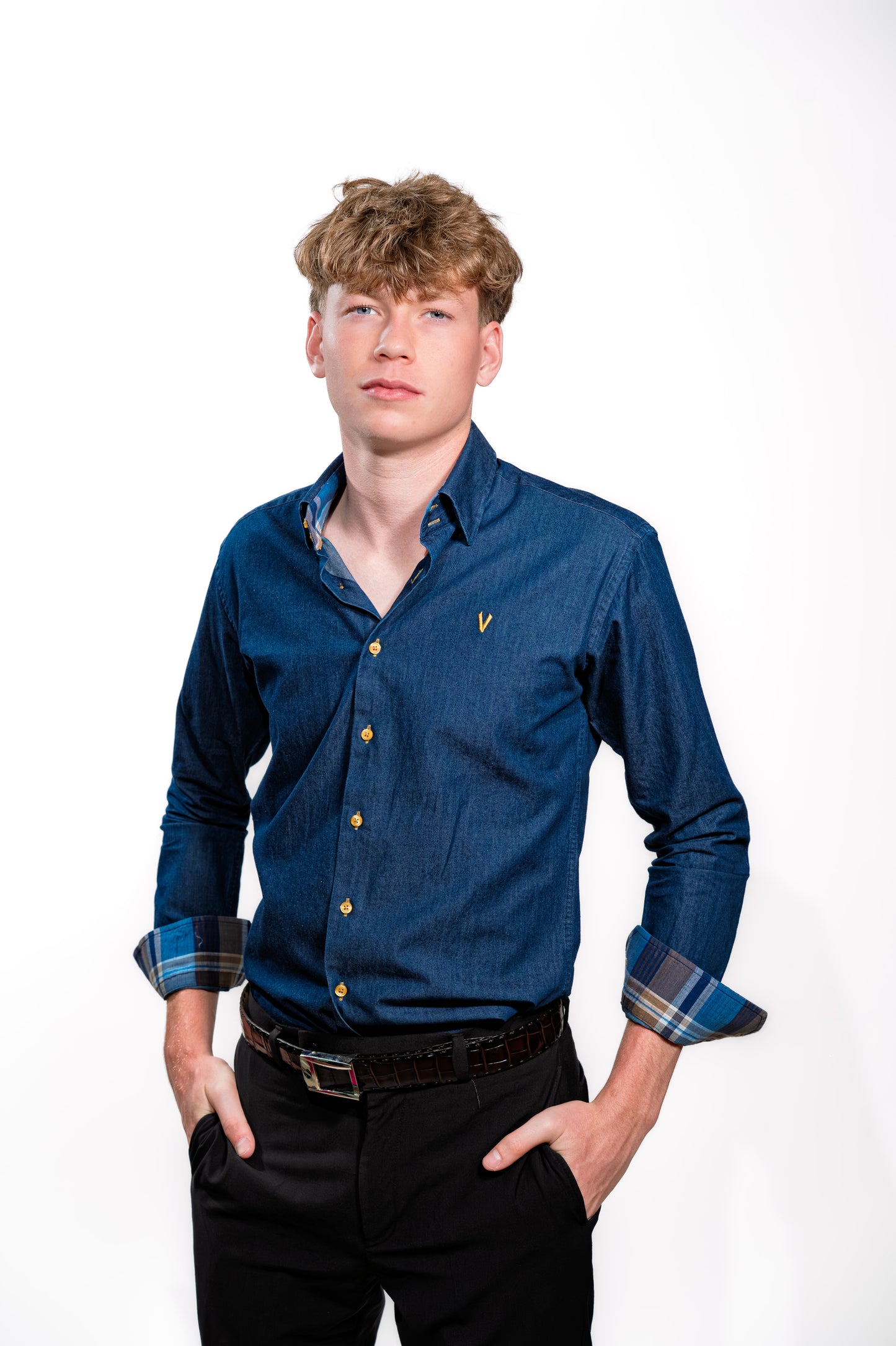 Valnti Navy Smart Shirt with Checkered Collar and Cuffs