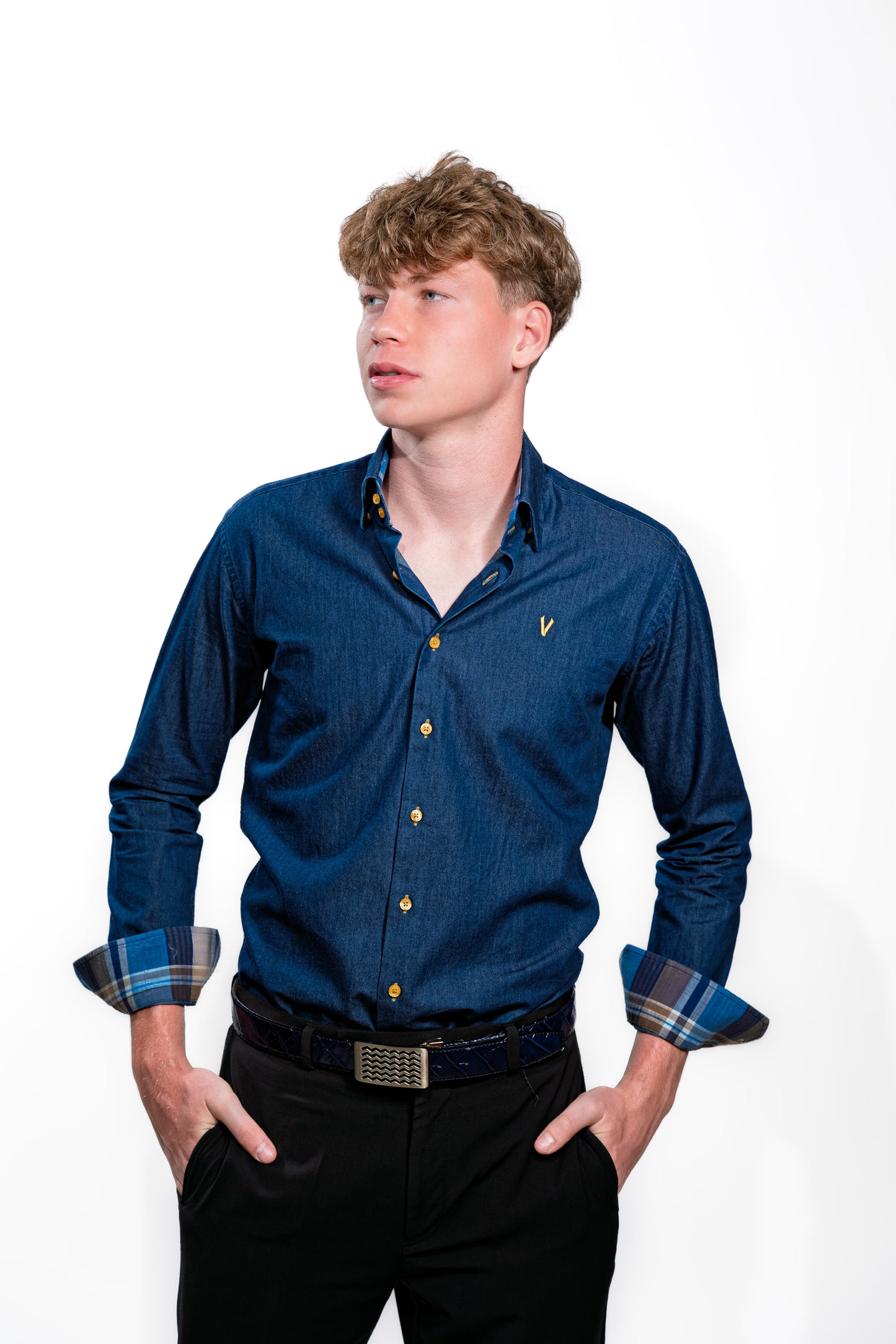 Valnti Navy Smart Shirt with Checkered Collar and Cuffs