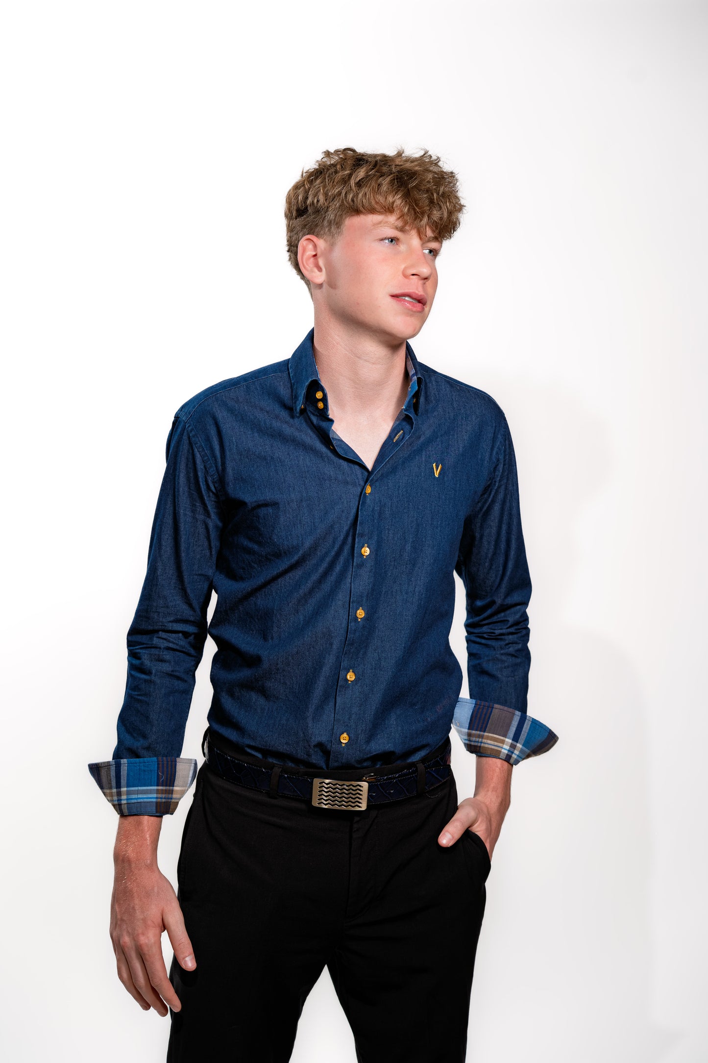 Valnti Navy Smart Shirt with Checkered Collar and Cuffs