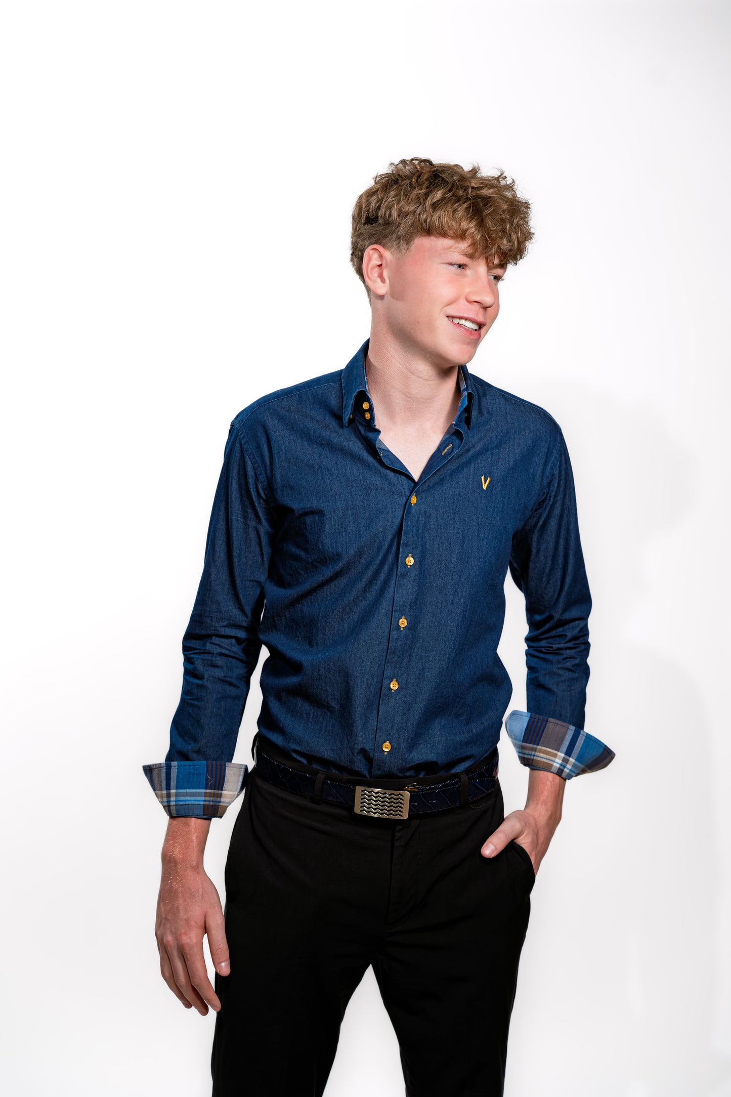 Valnti Navy Smart Shirt with Checkered Collar and Cuffs