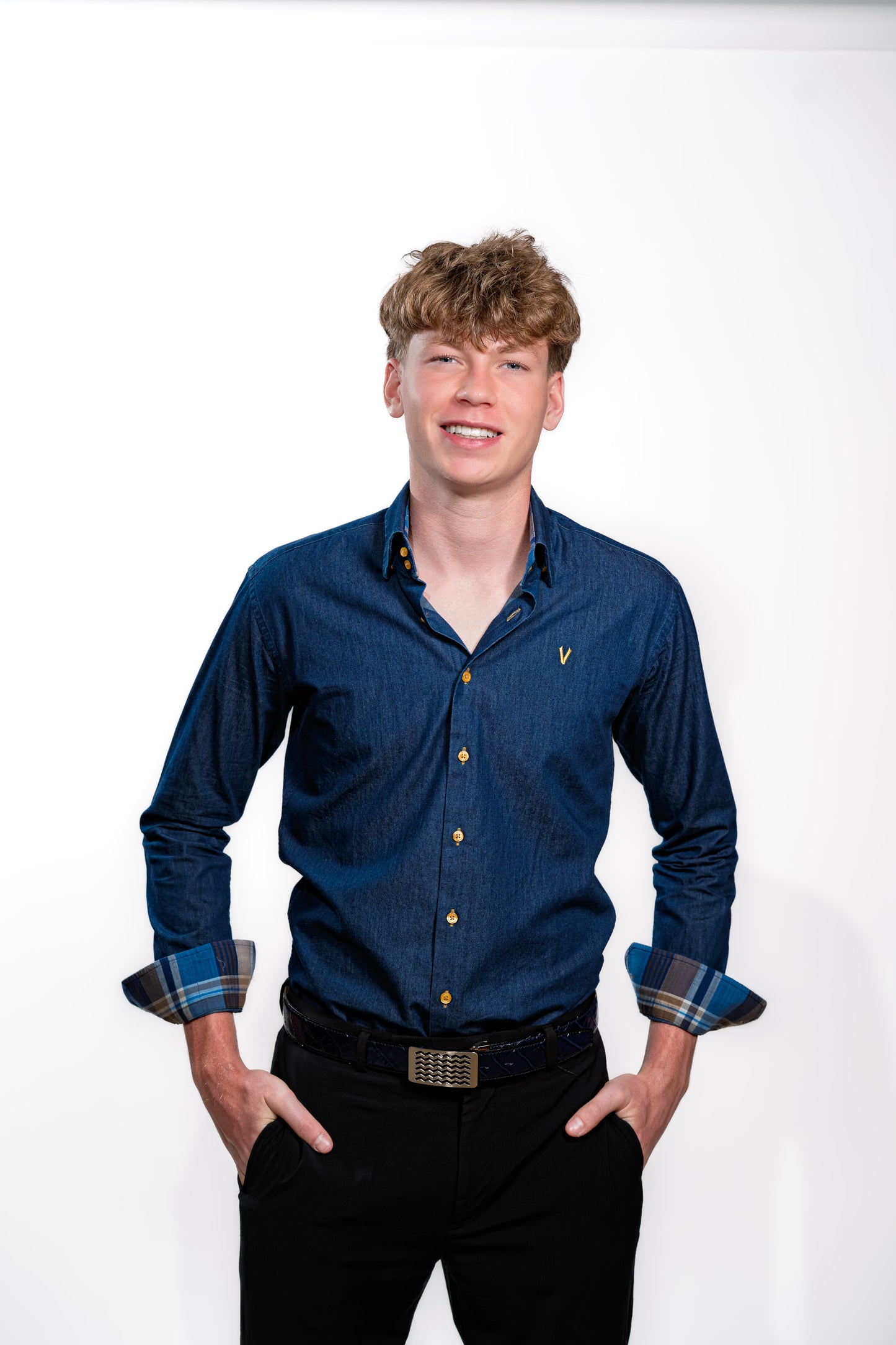 Valnti Navy Smart Shirt with Checkered Collar and Cuffs