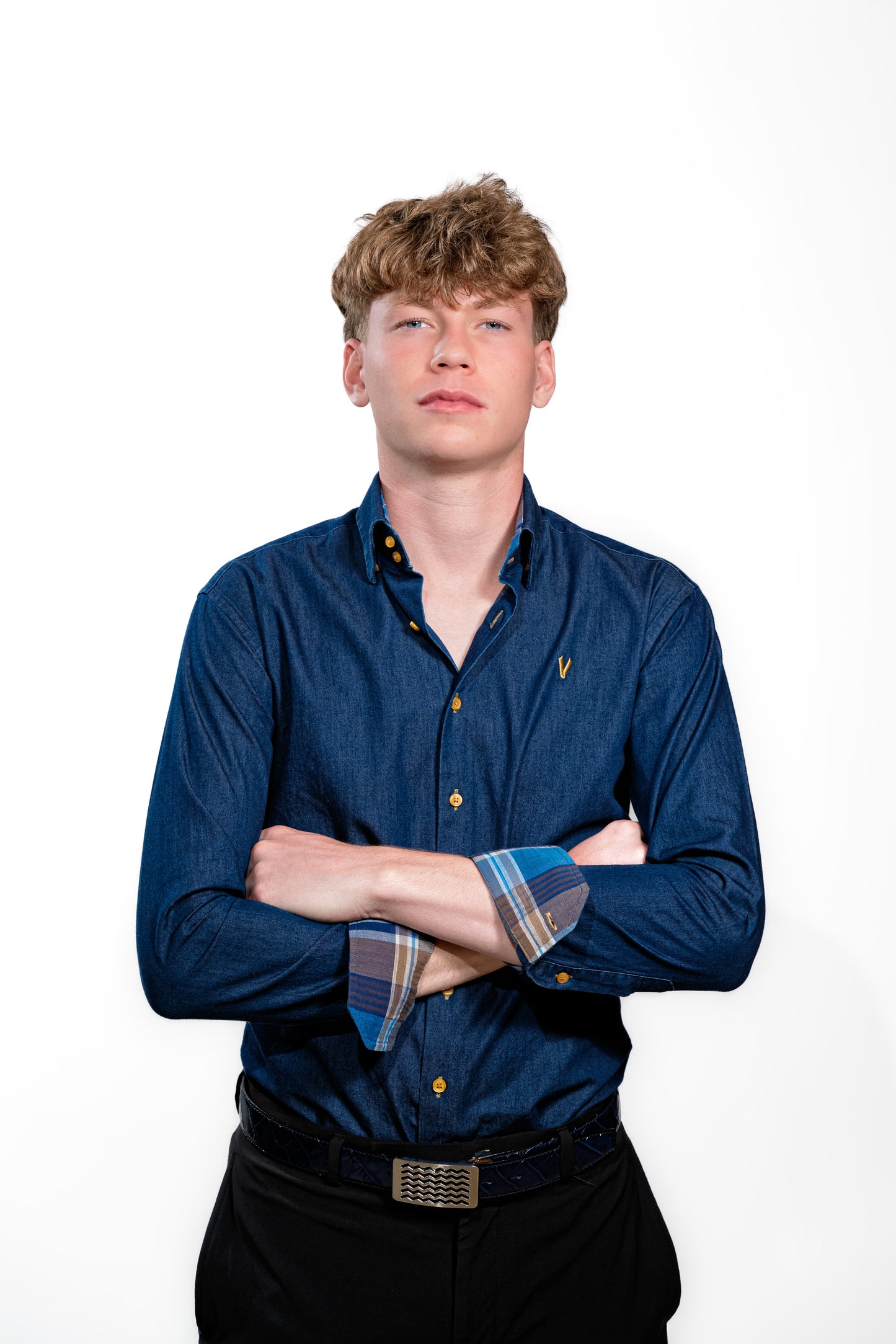 Valnti Navy Smart Shirt with Checkered Collar and Cuffs