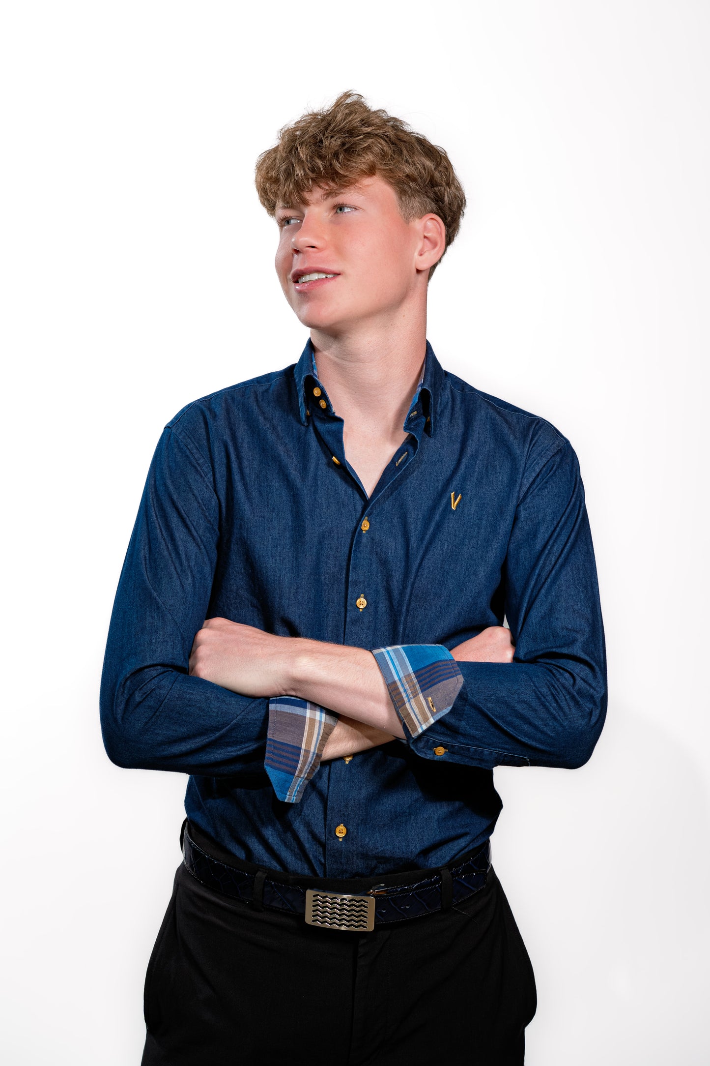 Valnti Navy Smart Shirt with Checkered Collar and Cuffs