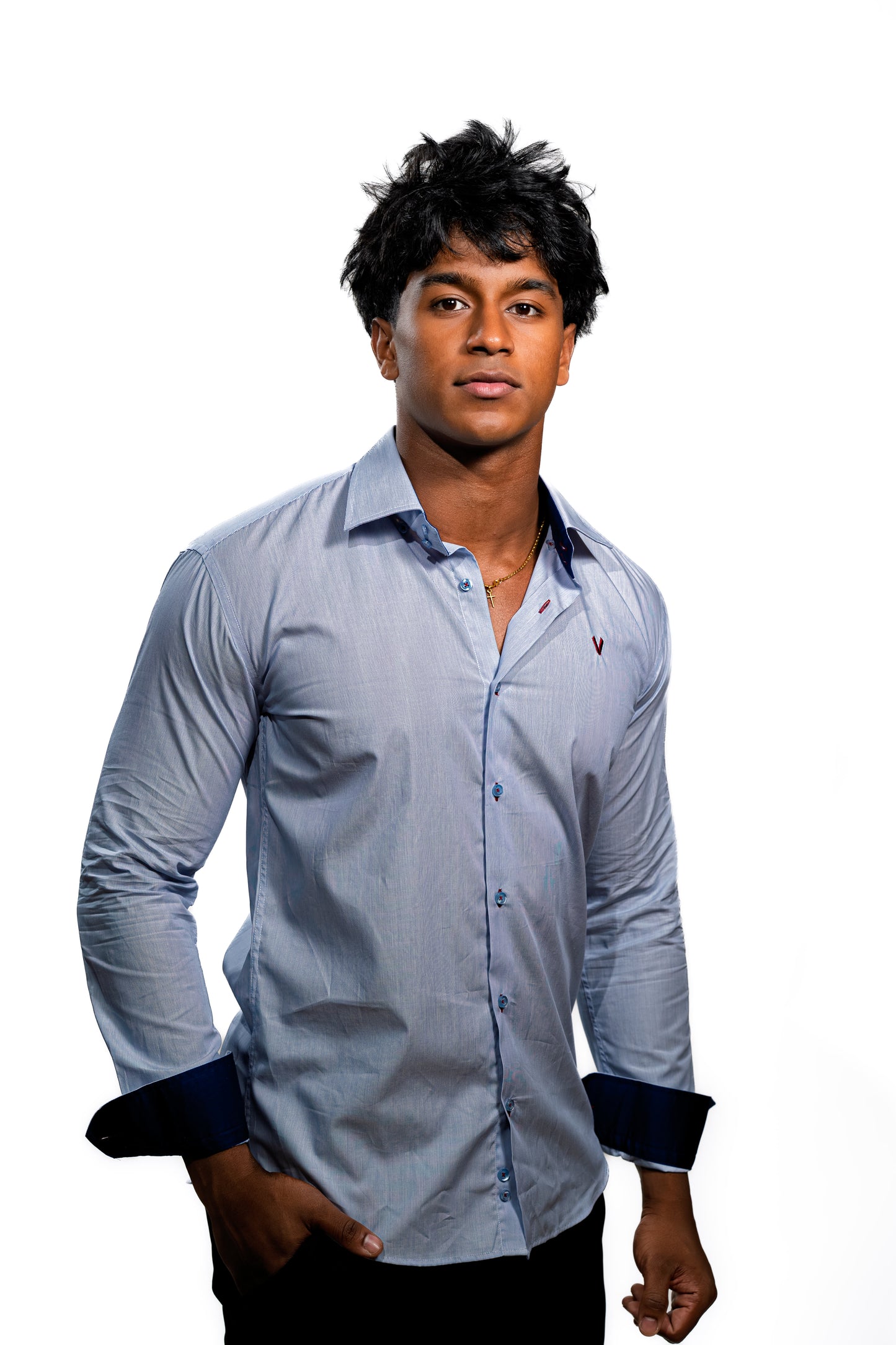 Valnti Navy Slim Fit Button-Up Shirt for Men – Checkered Collar & Cuffs