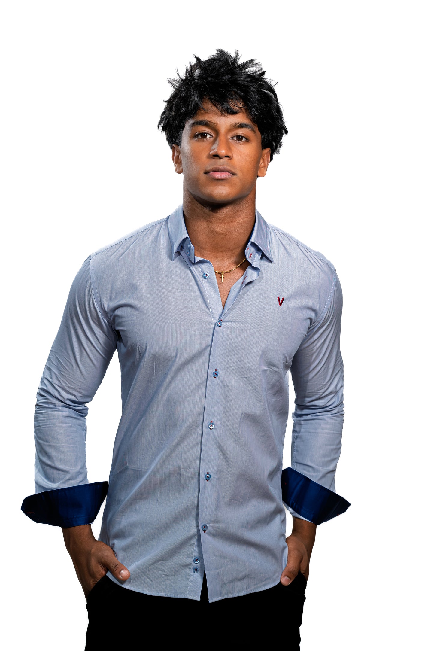 Valnti Navy Slim Fit Button-Up Shirt for Men – Checkered Collar & Cuffs
