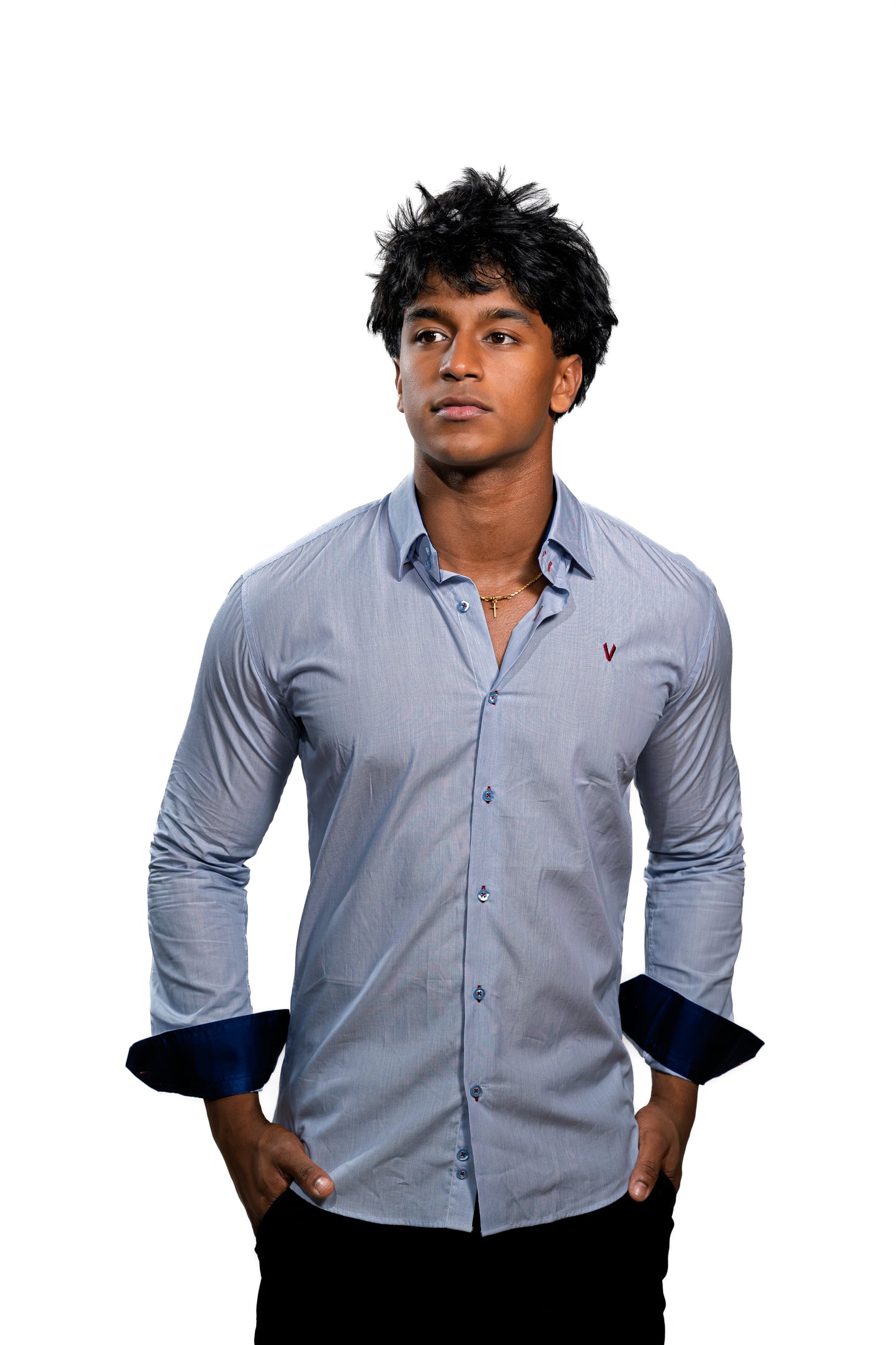 Valnti Navy Slim Fit Button-Up Shirt for Men – Checkered Collar & Cuffs