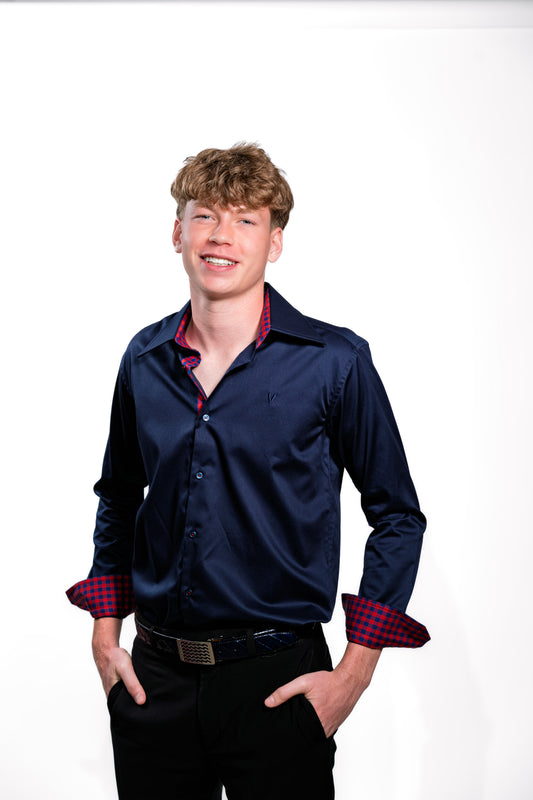 Men’s Luxury Navy Blue Party Shirt with Red Contrast Cuffs