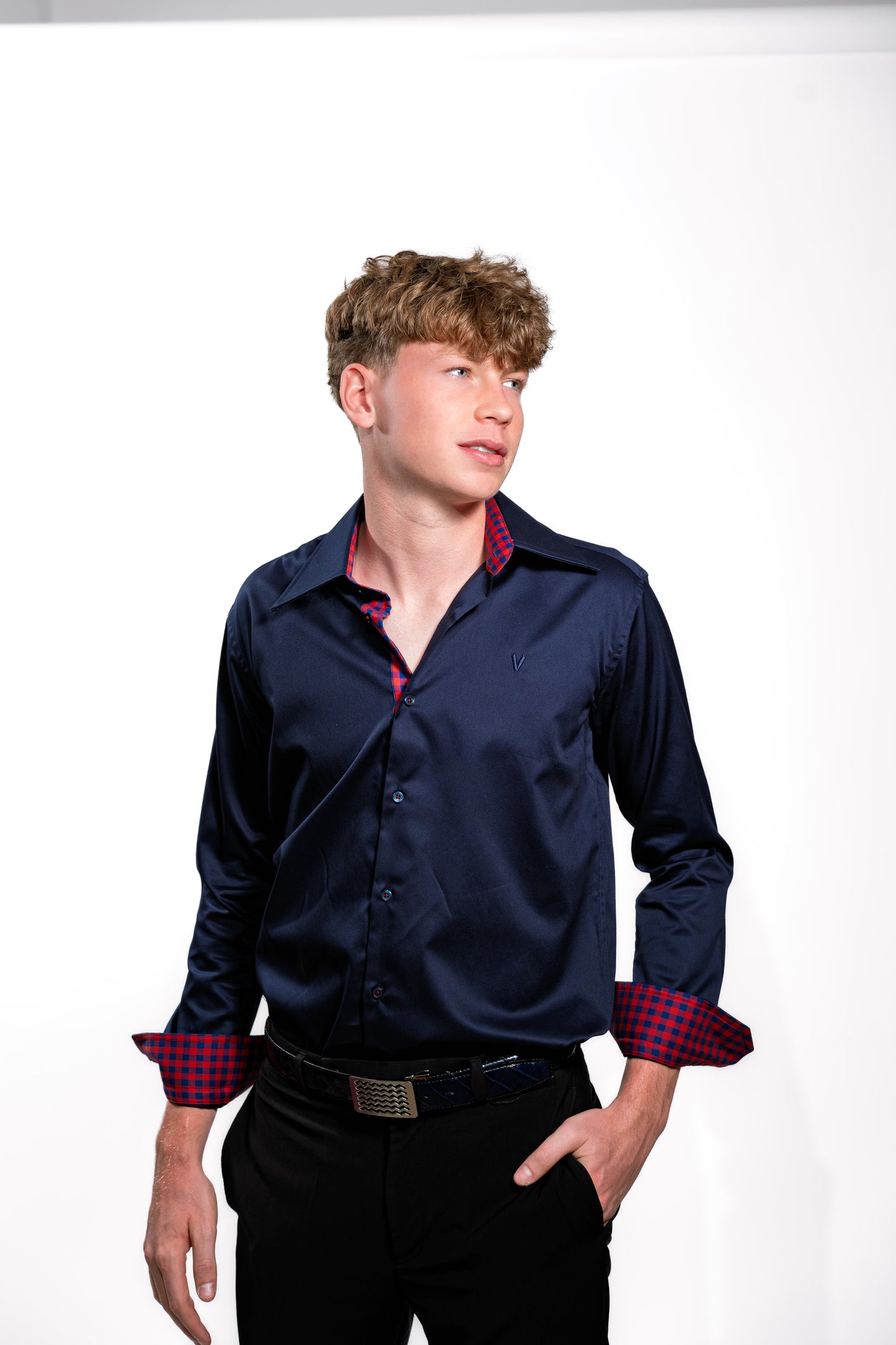Men’s Luxury Navy Blue Party Shirt with Red Contrast Cuffs