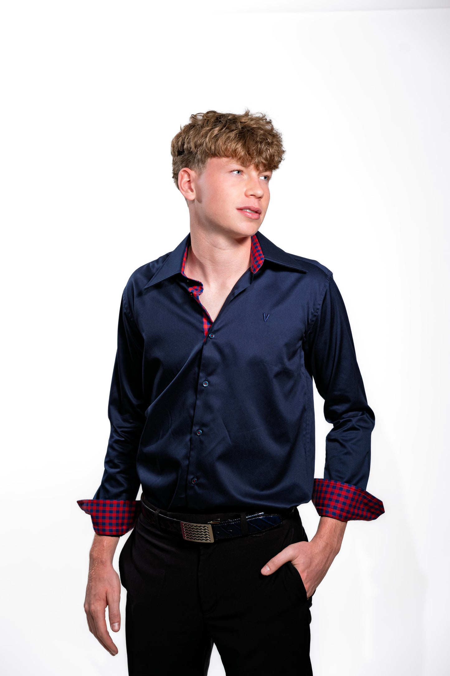 Men’s Luxury Navy Blue Party Shirt with Red Contrast Cuffs