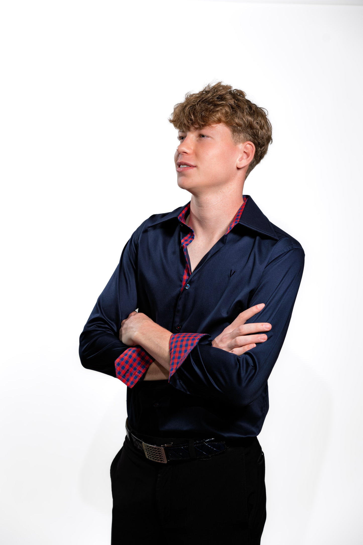 Men’s Luxury Navy Blue Party Shirt with Red Contrast Cuffs