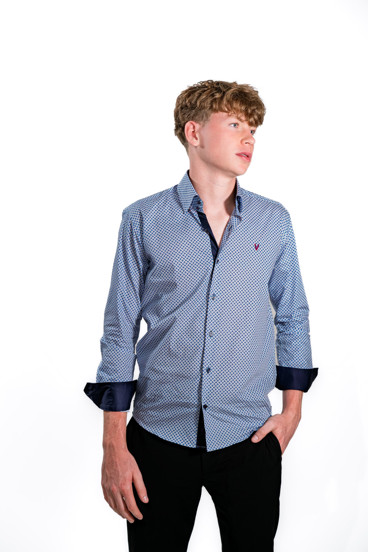 Modern Blue Shirt with Pattern and Contrast Cuffs
