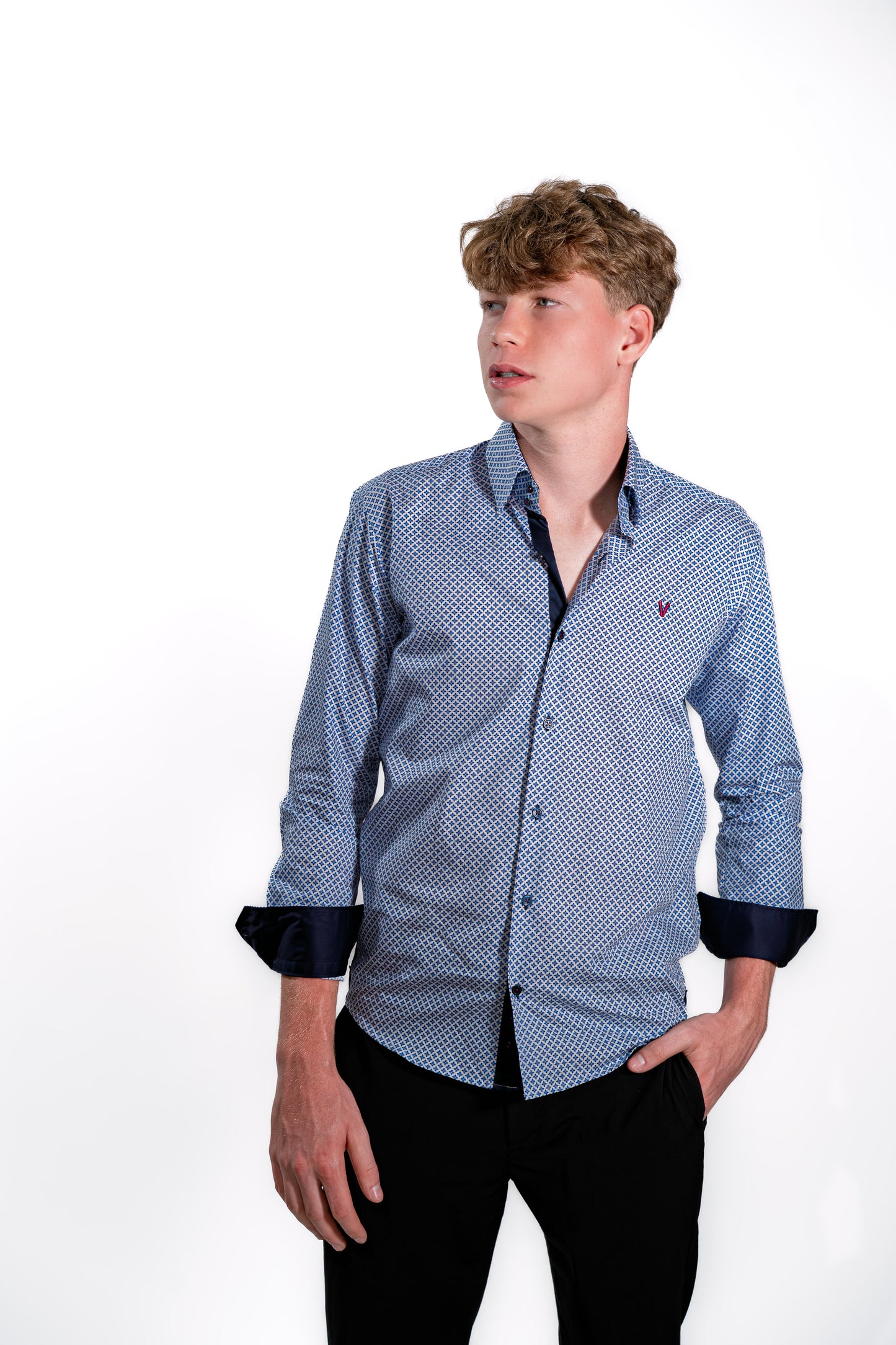 Modern Blue Shirt with Pattern and Contrast Cuffs
