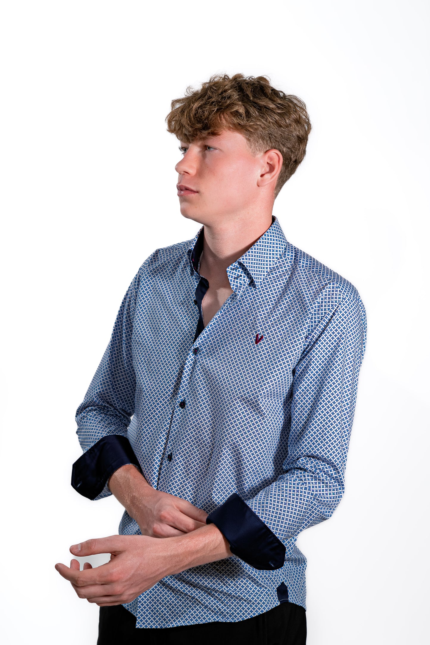 Modern Blue Shirt with Pattern and Contrast Cuffs