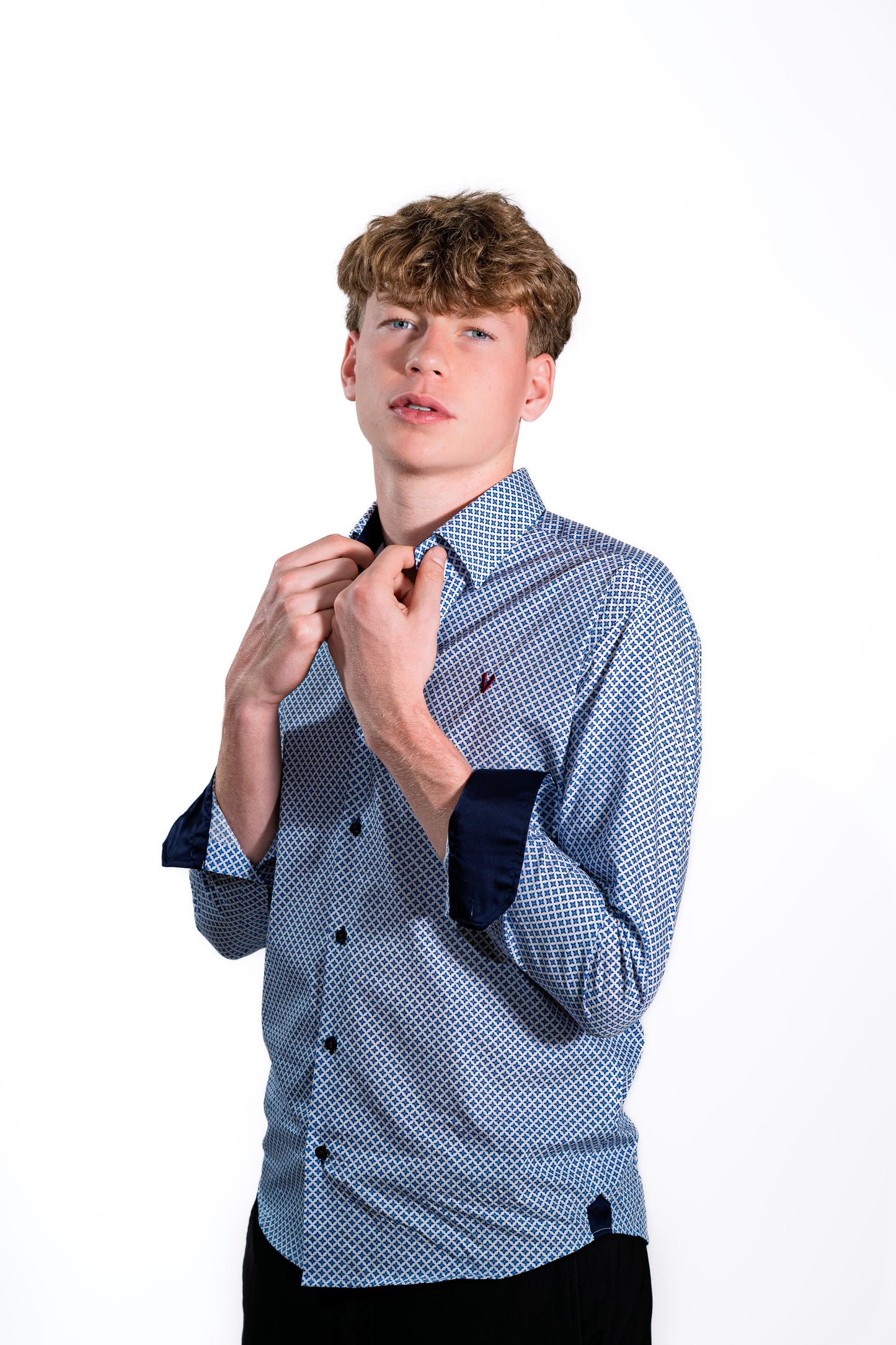 Modern Blue Shirt with Pattern and Contrast Cuffs