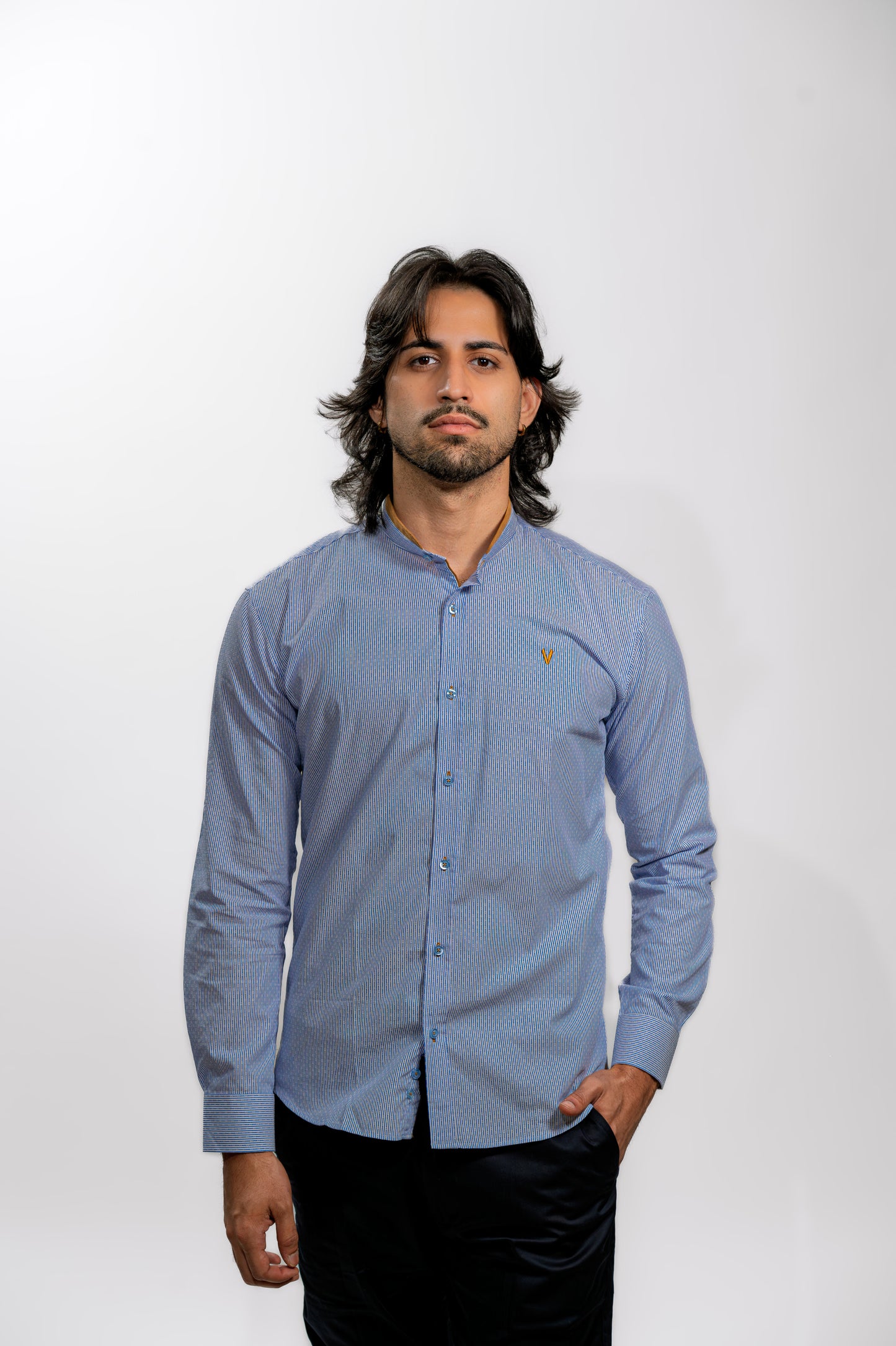 Light Blue Button-Up Shirt with Brown Elbow Patches