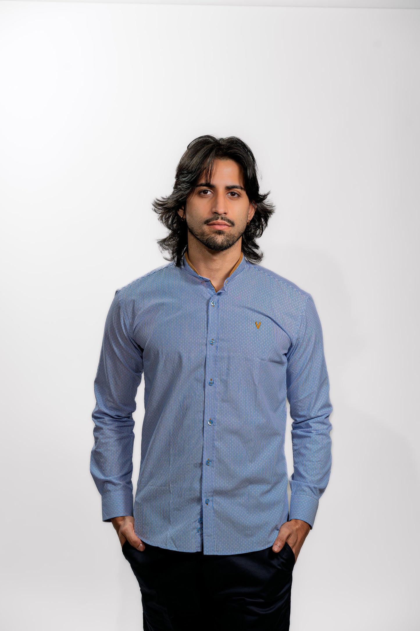 Light Blue Button-Up Shirt with Brown Elbow Patches