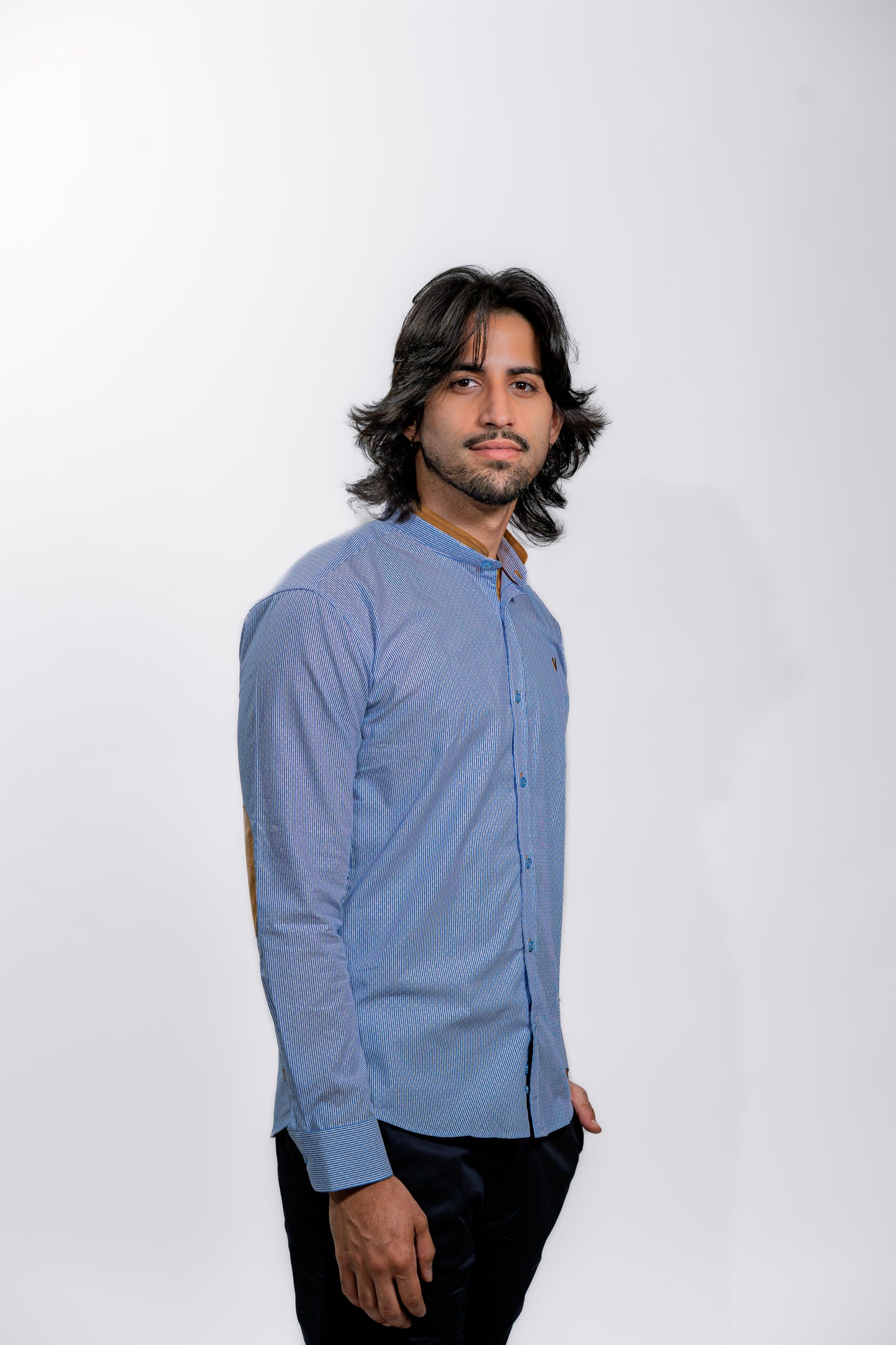 Light Blue Button-Up Shirt with Brown Elbow Patches
