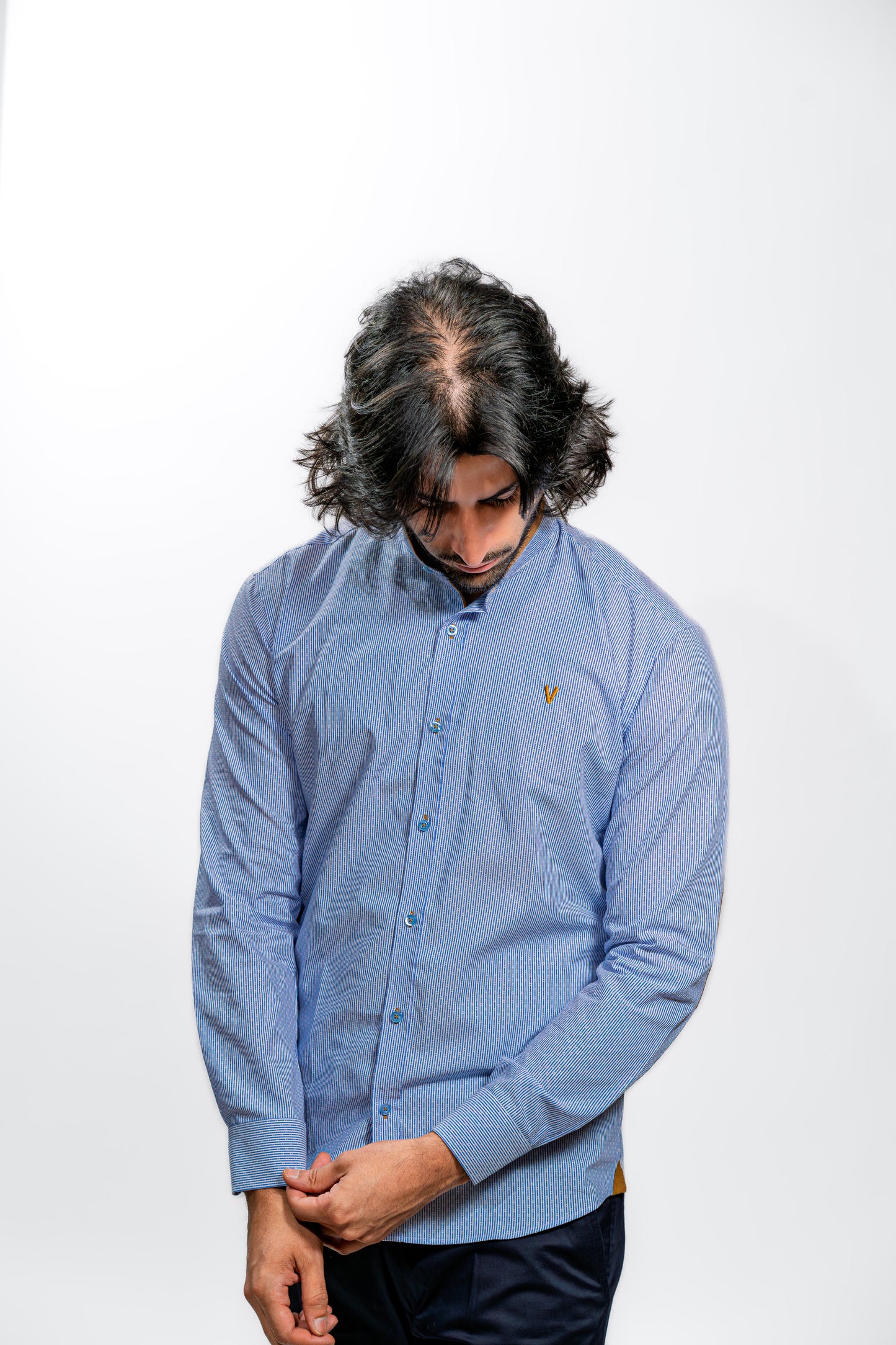 Light Blue Button-Up Shirt with Brown Elbow Patches