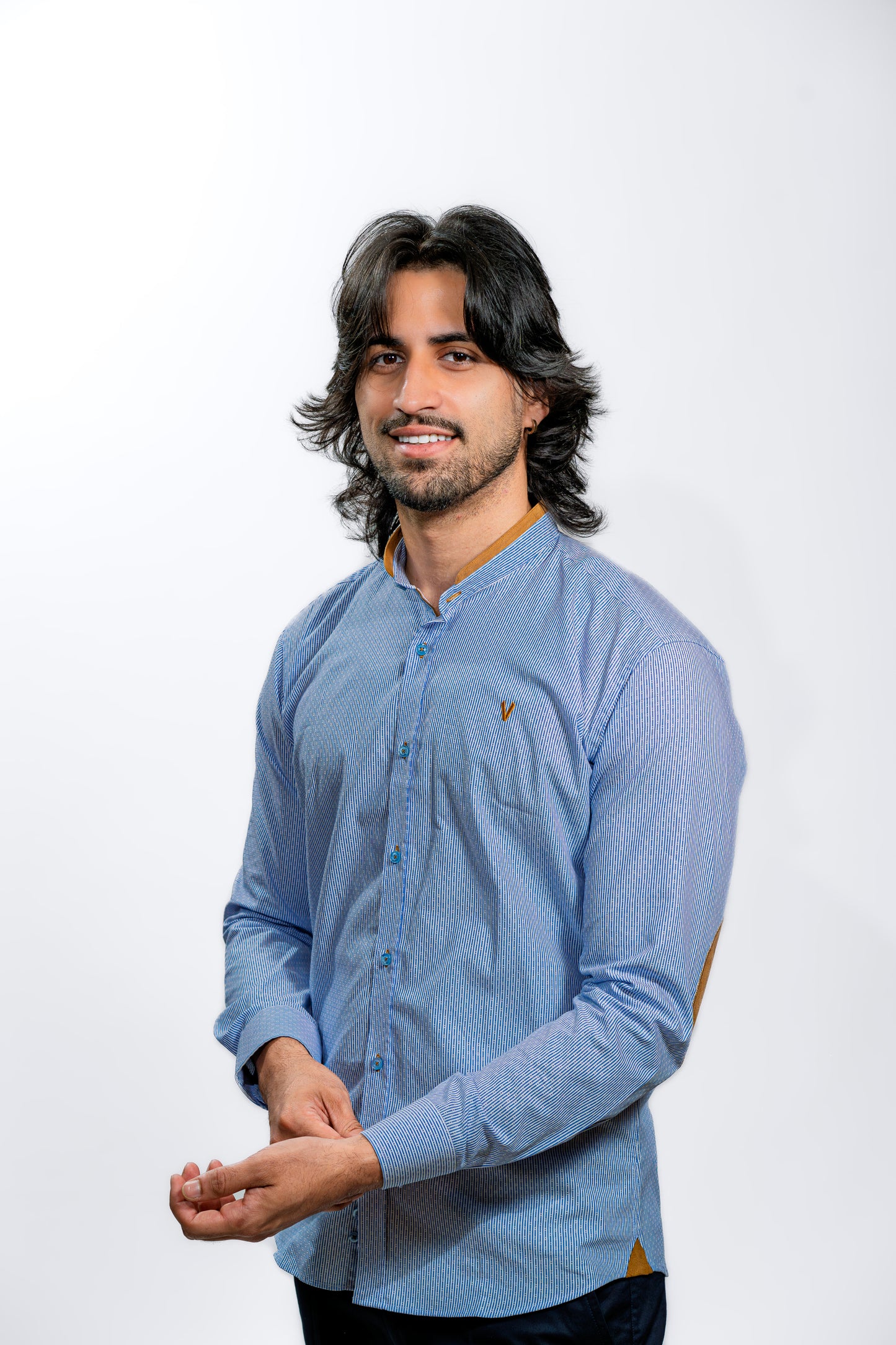 Light Blue Button-Up Shirt with Brown Elbow Patches