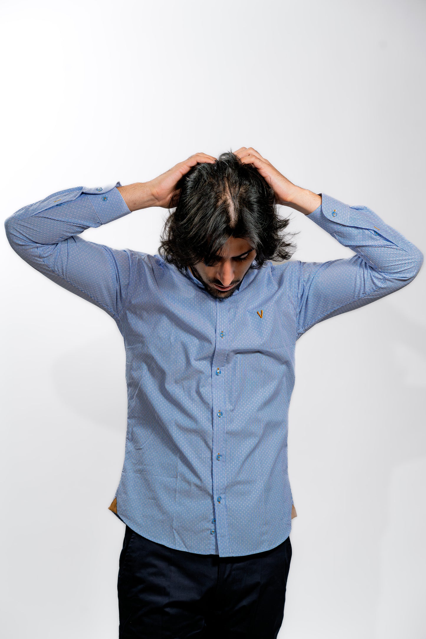 Light Blue Button-Up Shirt with Brown Elbow Patches