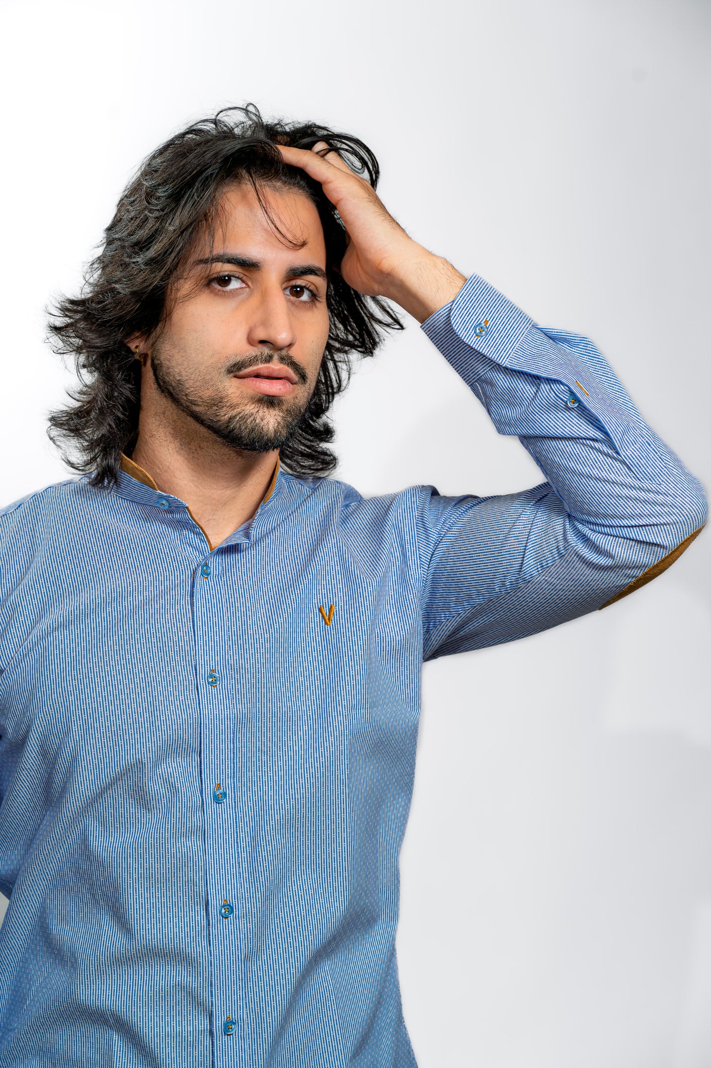 Light Blue Button-Up Shirt with Brown Elbow Patches