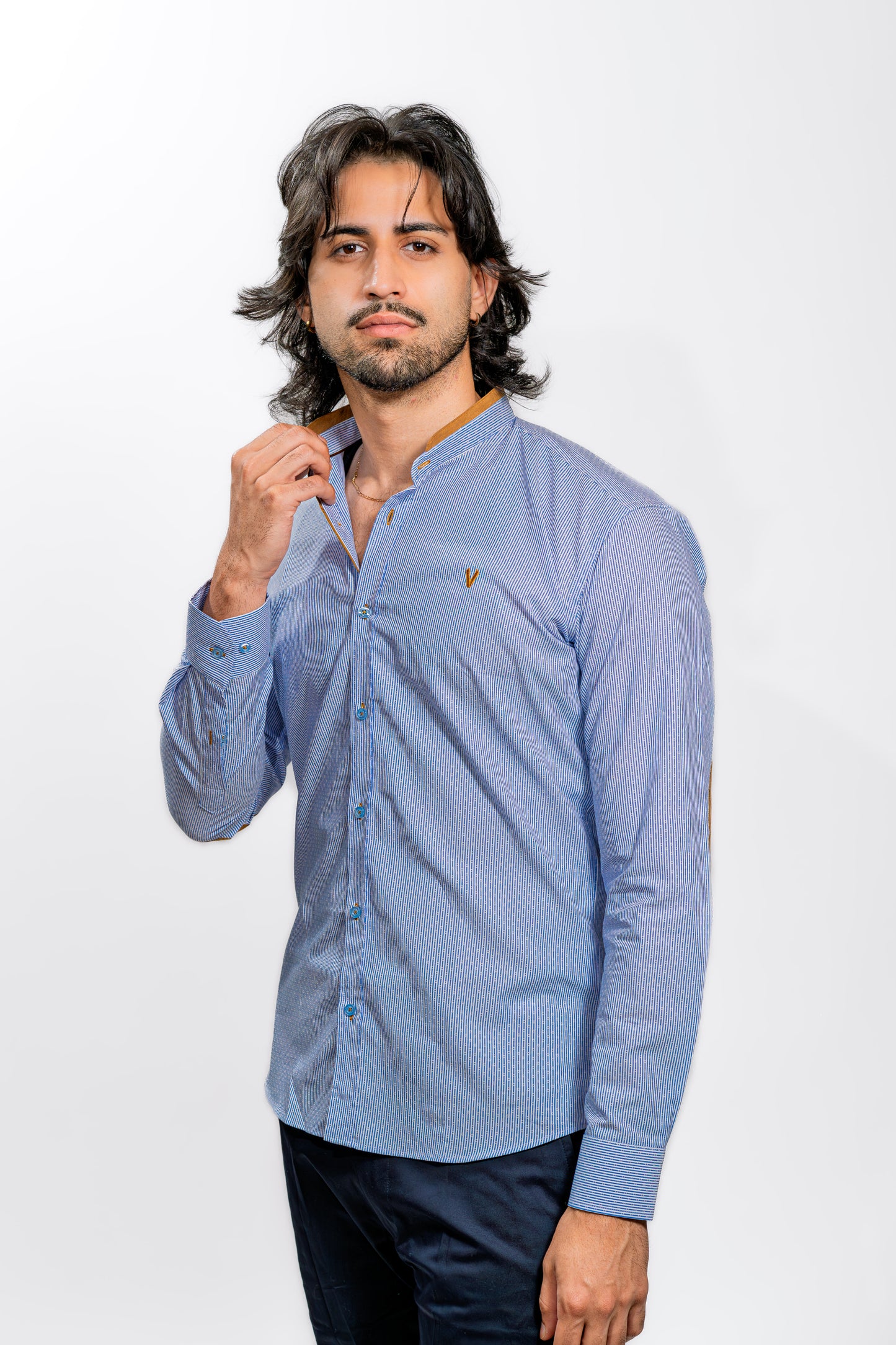 Light Blue Button-Up Shirt with Brown Elbow Patches