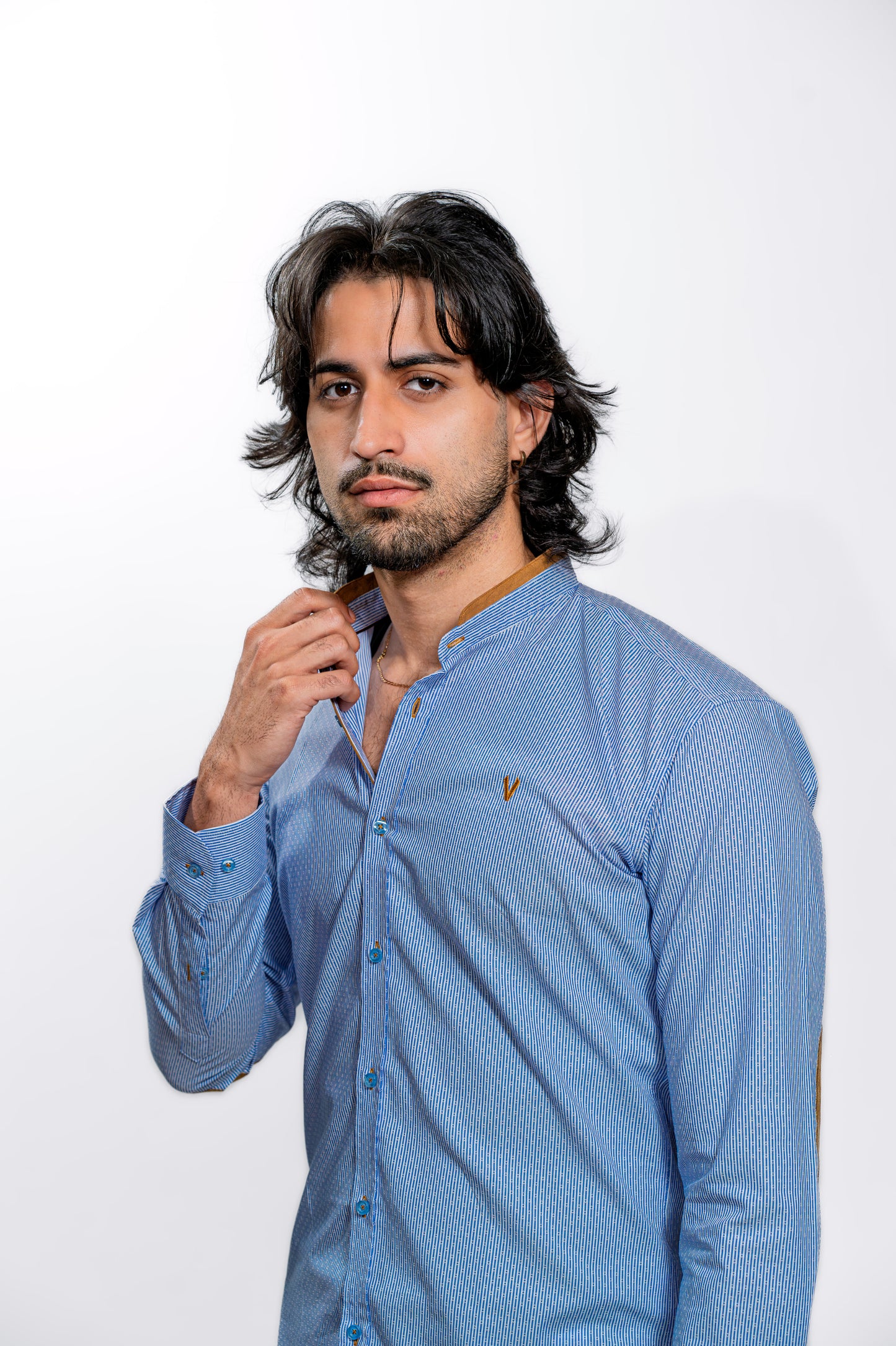 Light Blue Button-Up Shirt with Brown Elbow Patches