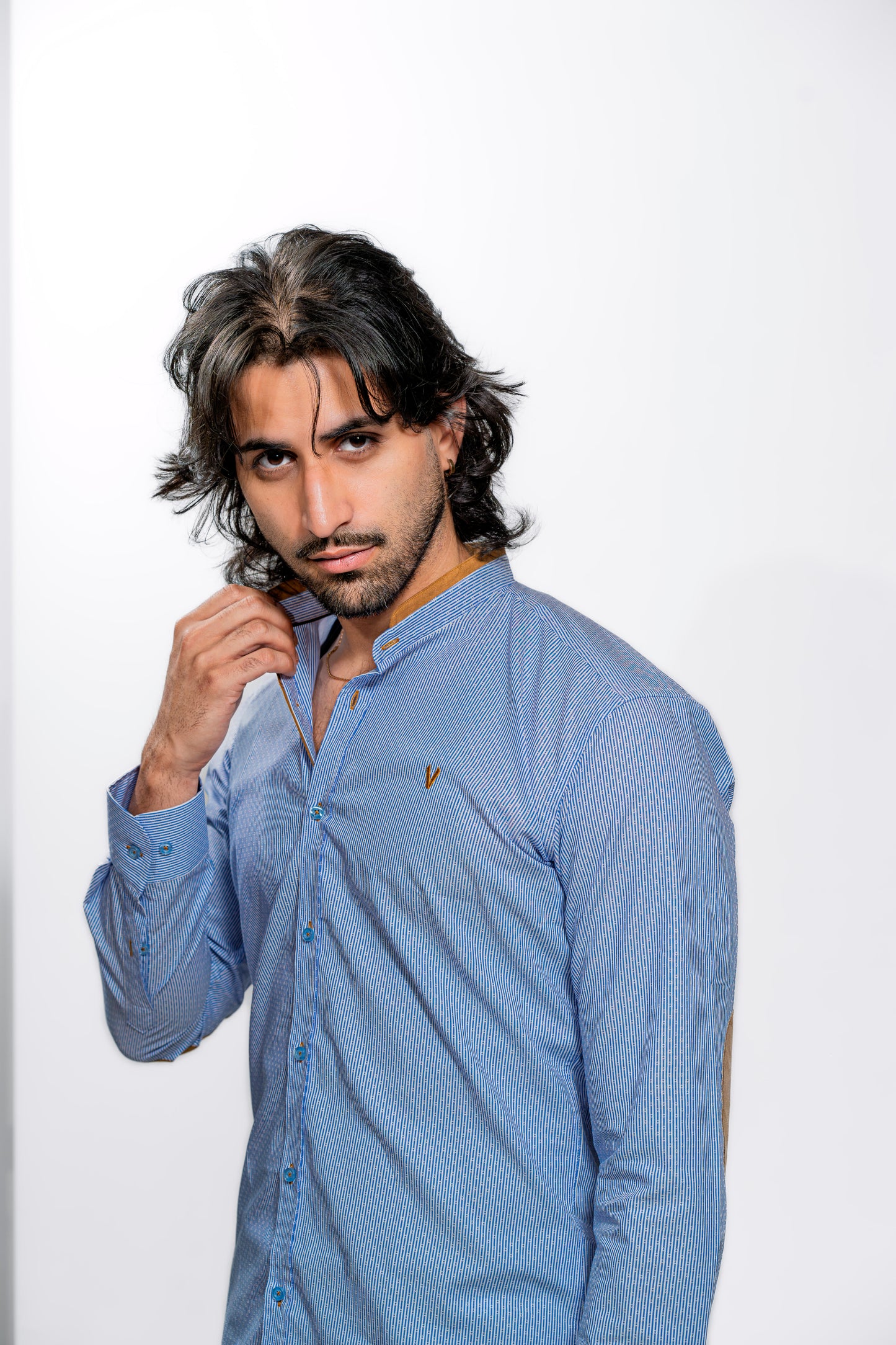 Light Blue Button-Up Shirt with Brown Elbow Patches