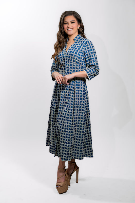 Blue Printed Cultural Maxi Dress for Women