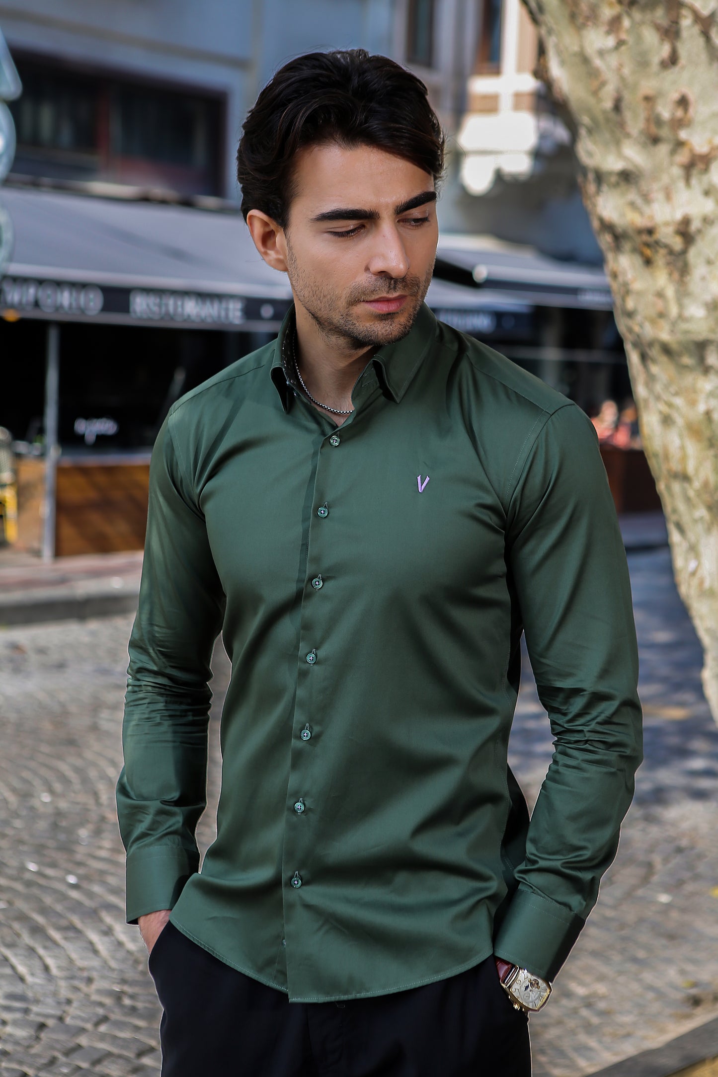 Iconic Green High Collar Dress Shirt