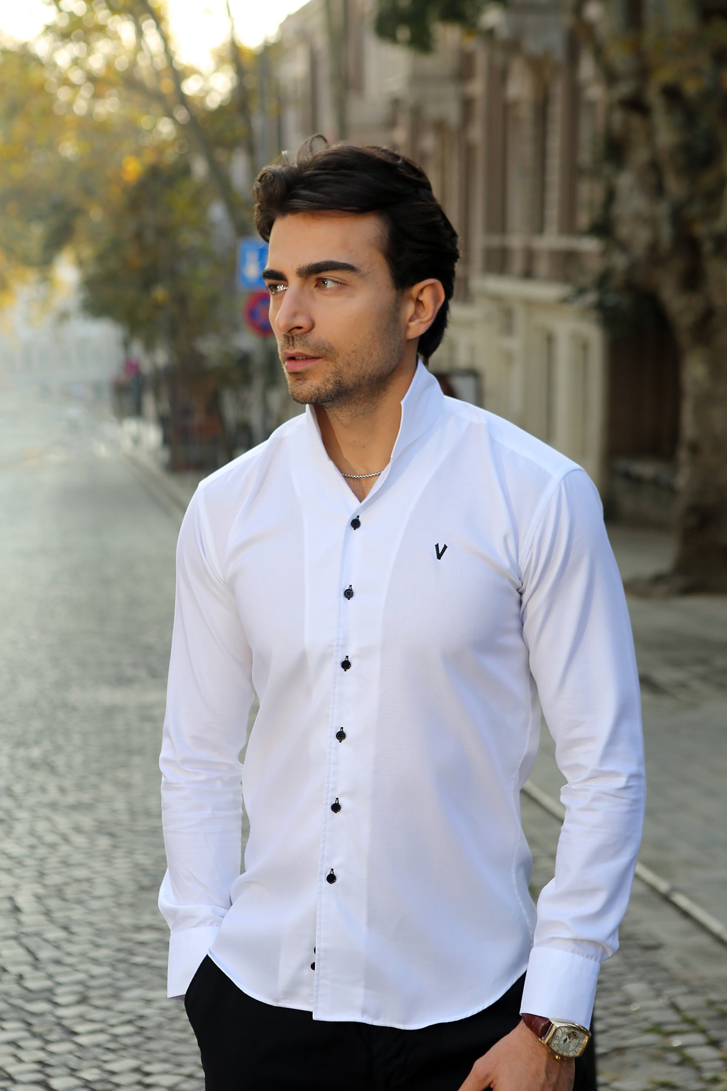 Signature White Fly Collar Dress Shirt  for men 