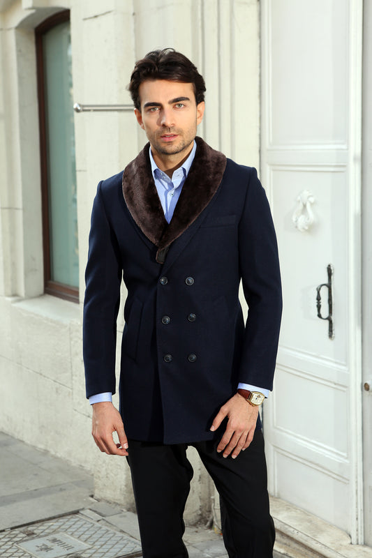 The Double-Breasted Navy Blue Overcoat