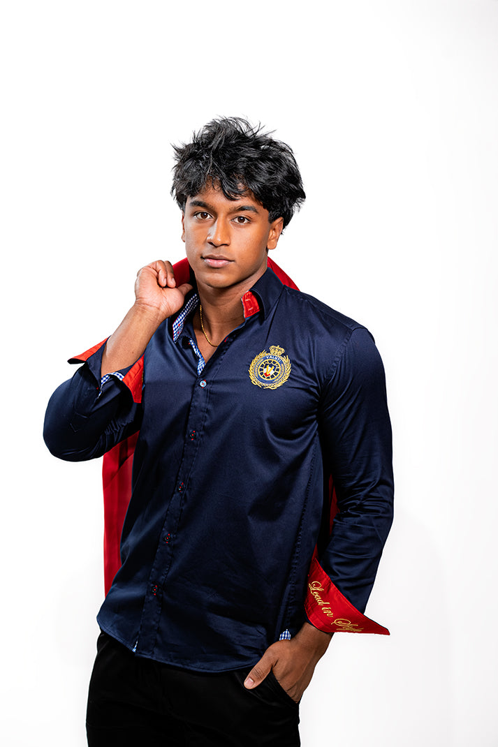 Valnti Navy Blue Button-Up Shirt with Red Cuffs and Lead in Style Embroidered Crest