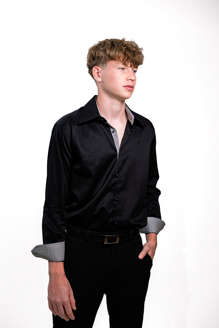 Valnti Black Dress Shirt with Patterned Inner Collar