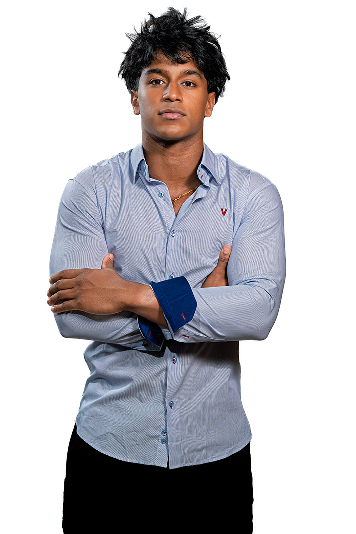 Valnti Navy Button-Up Shirt with Checkered Collar and Cuffs