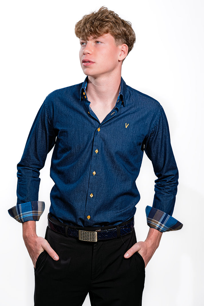 Valnti Navy Button-Up Shirt with Checkered Collar and Cuffs