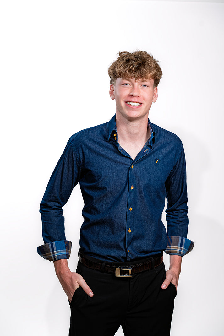 Valnti Navy Button-Up Shirt with Checkered Collar and Cuffs