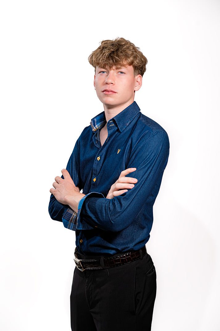 Valnti Navy Button-Up Shirt with Checkered Collar and Cuffs
