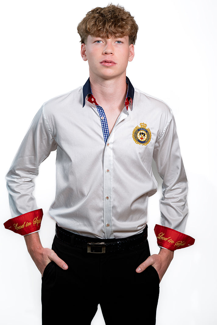 Valnti White Button-Up Shirt with Red Cuffs and Lead in Style Embroidered Crest