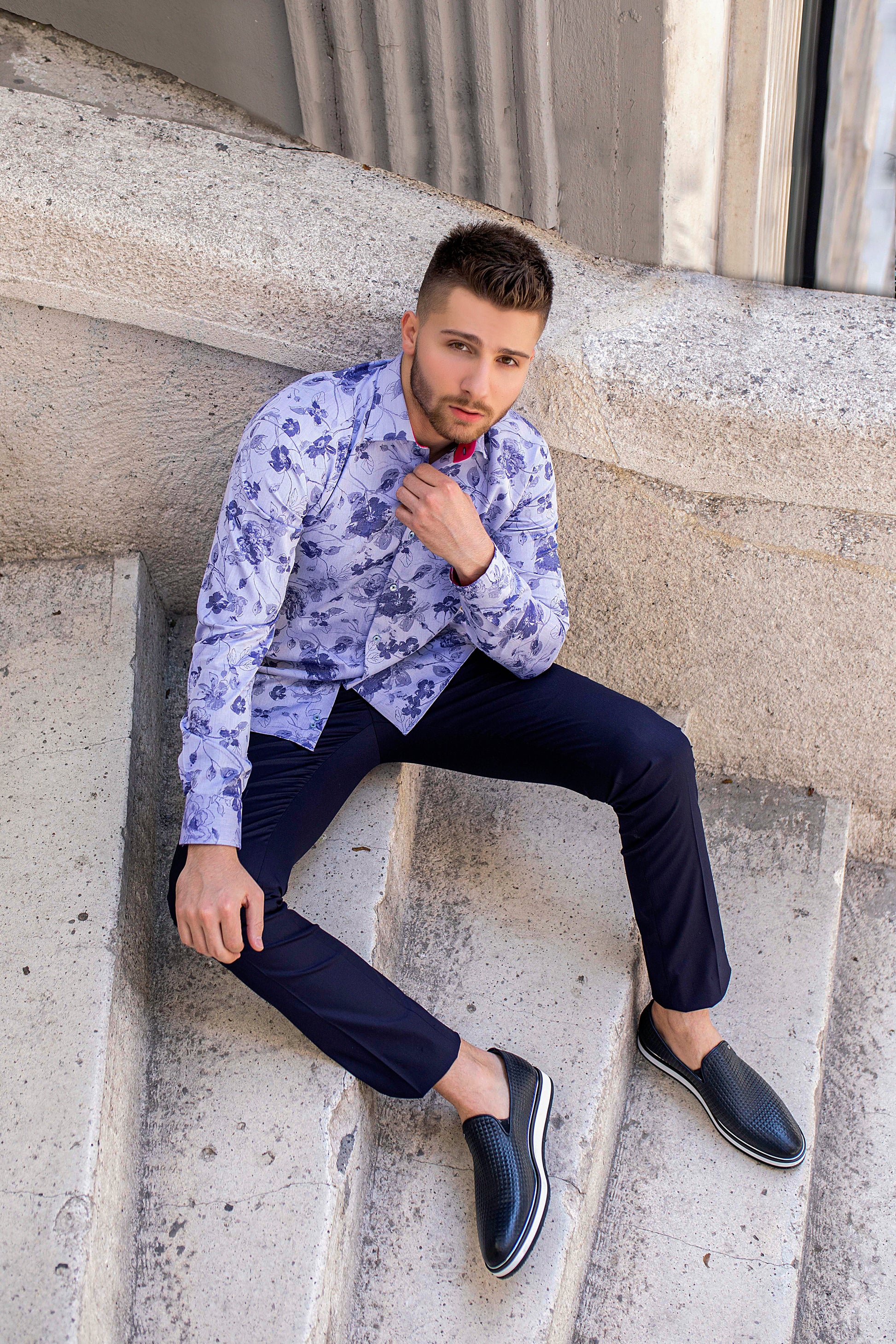 Floral Blue Design Dress Shirt With Red Interior Lining