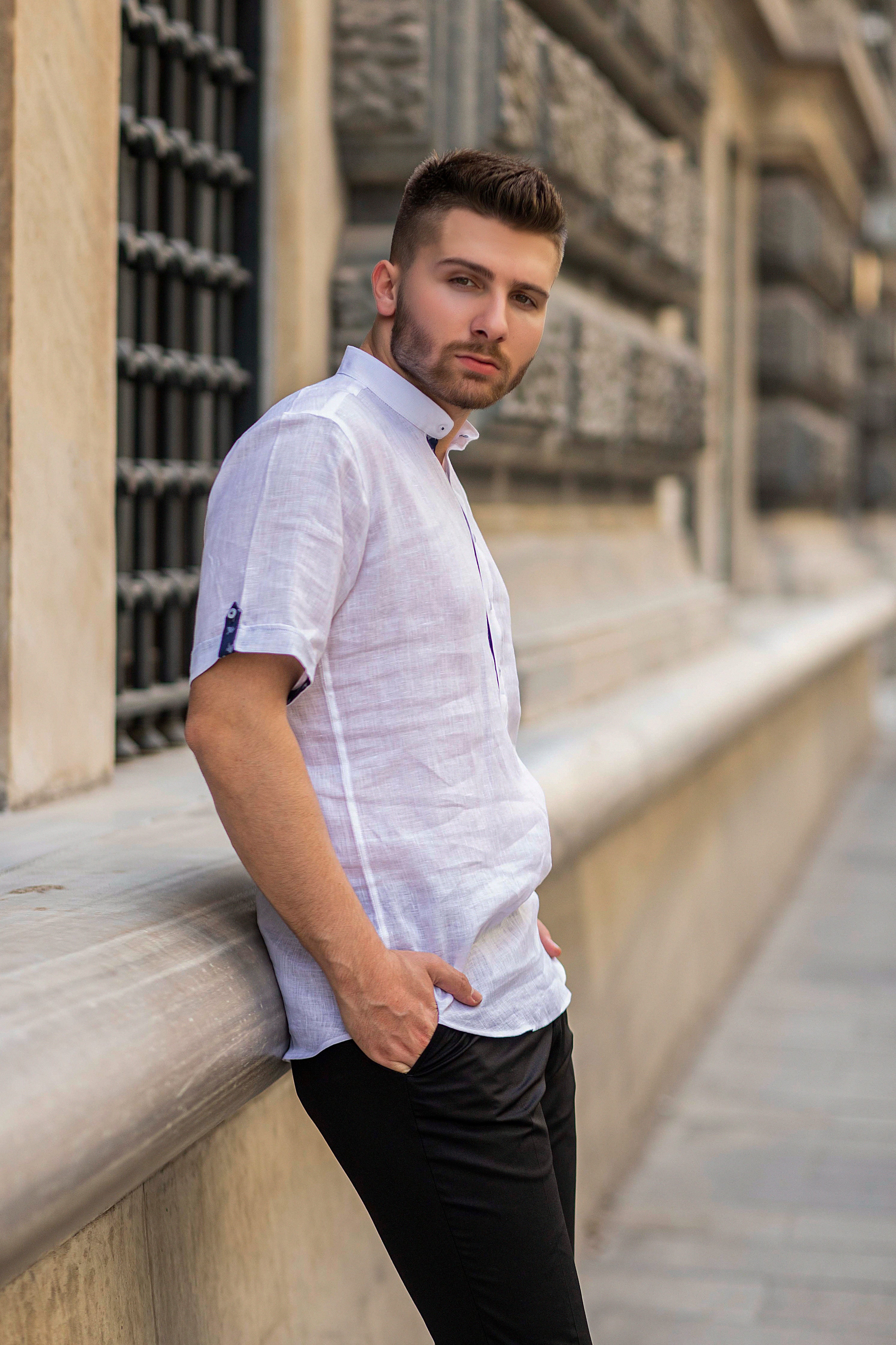 White Banded Short Sleeve Linen Shirt