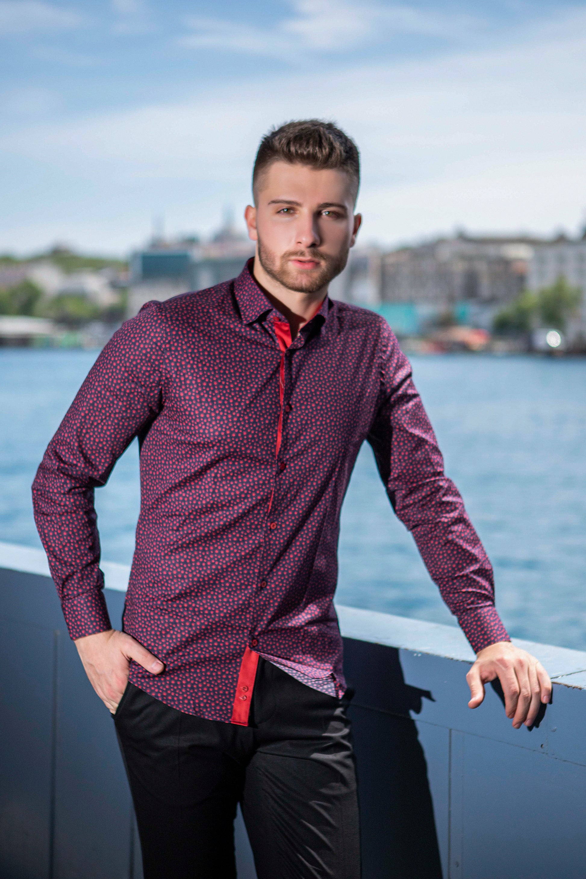 Slim, Star Design Dress Shirt with Red Stars Printed Over Solid Navy. 100% Cotton.