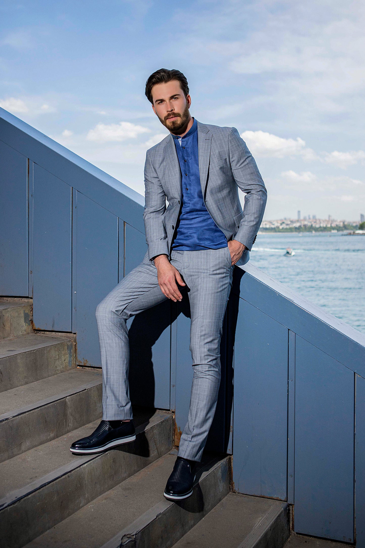 Signature Grey Plaid Suit Slim With Royal Blue Linnen Shirt