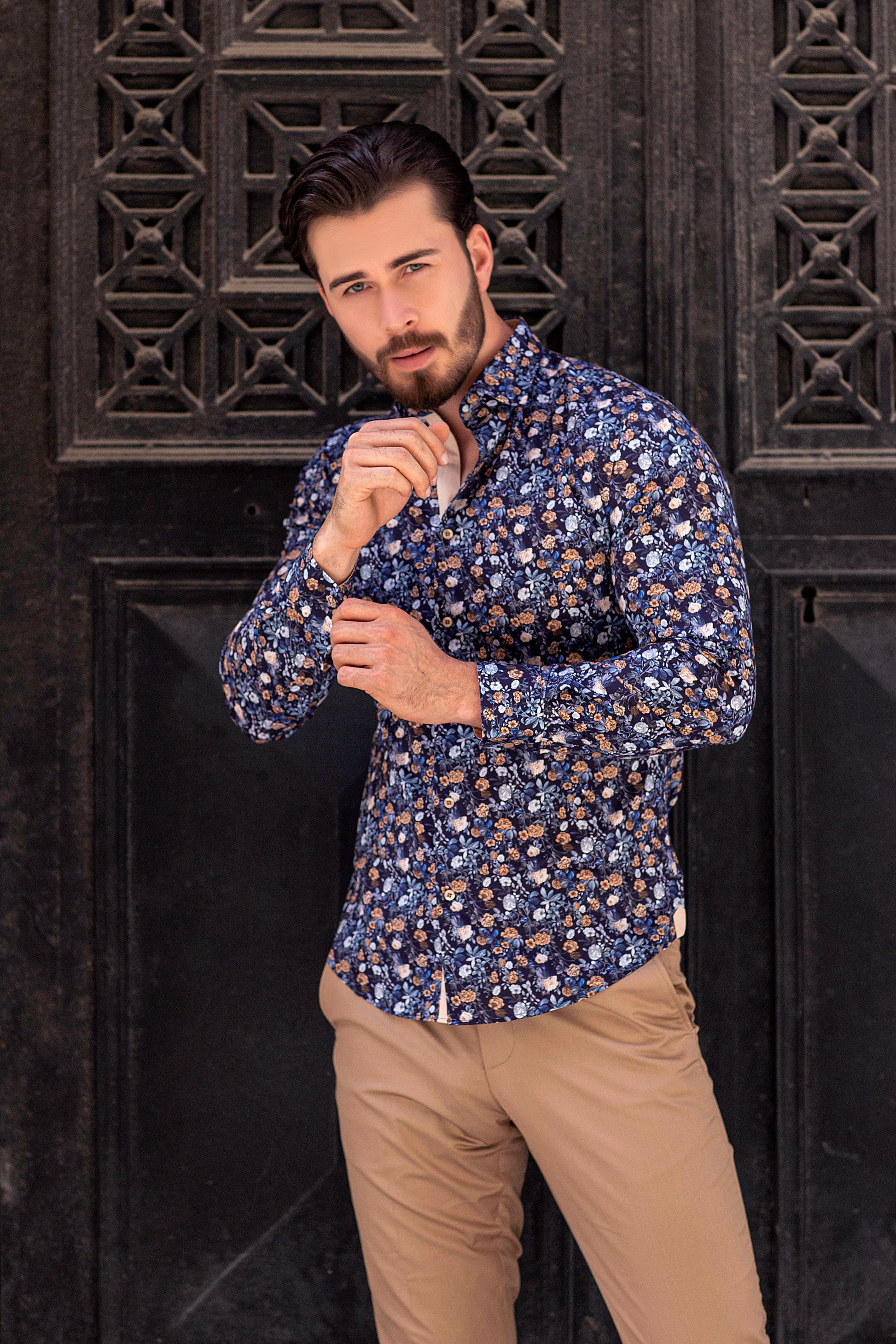 Slim, Flower-Paterned Dress Shirt Made With Mixture of Blues, Whites and Tan Colors. Tan lining. 100%  Cotton.